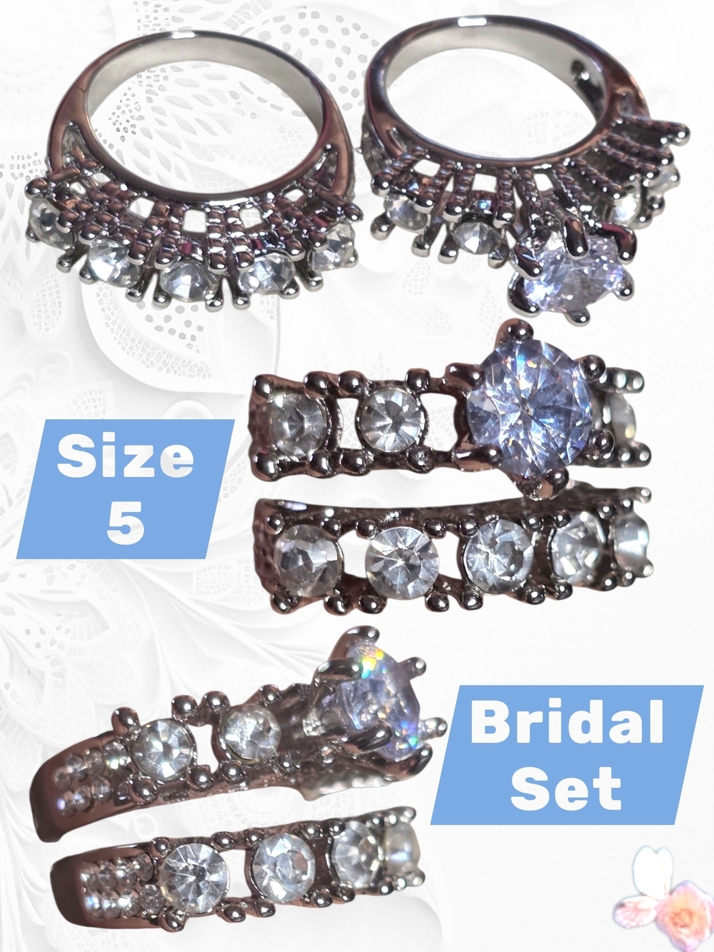 Crown Setting Bridal Ring Set Size 5 CZ Engagement Band Silver Tone
